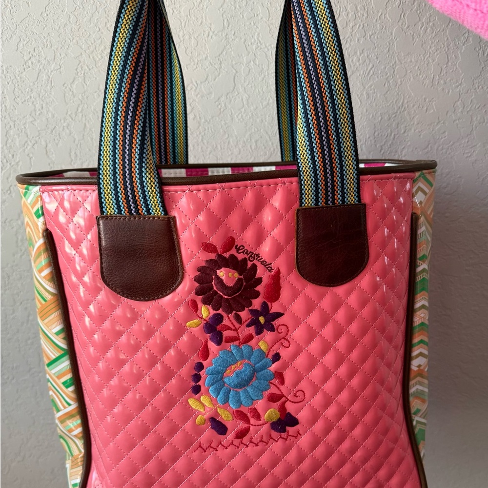 Consuela Pink and Brown Tote Bag with Colorful Embroidery and Striped Handles